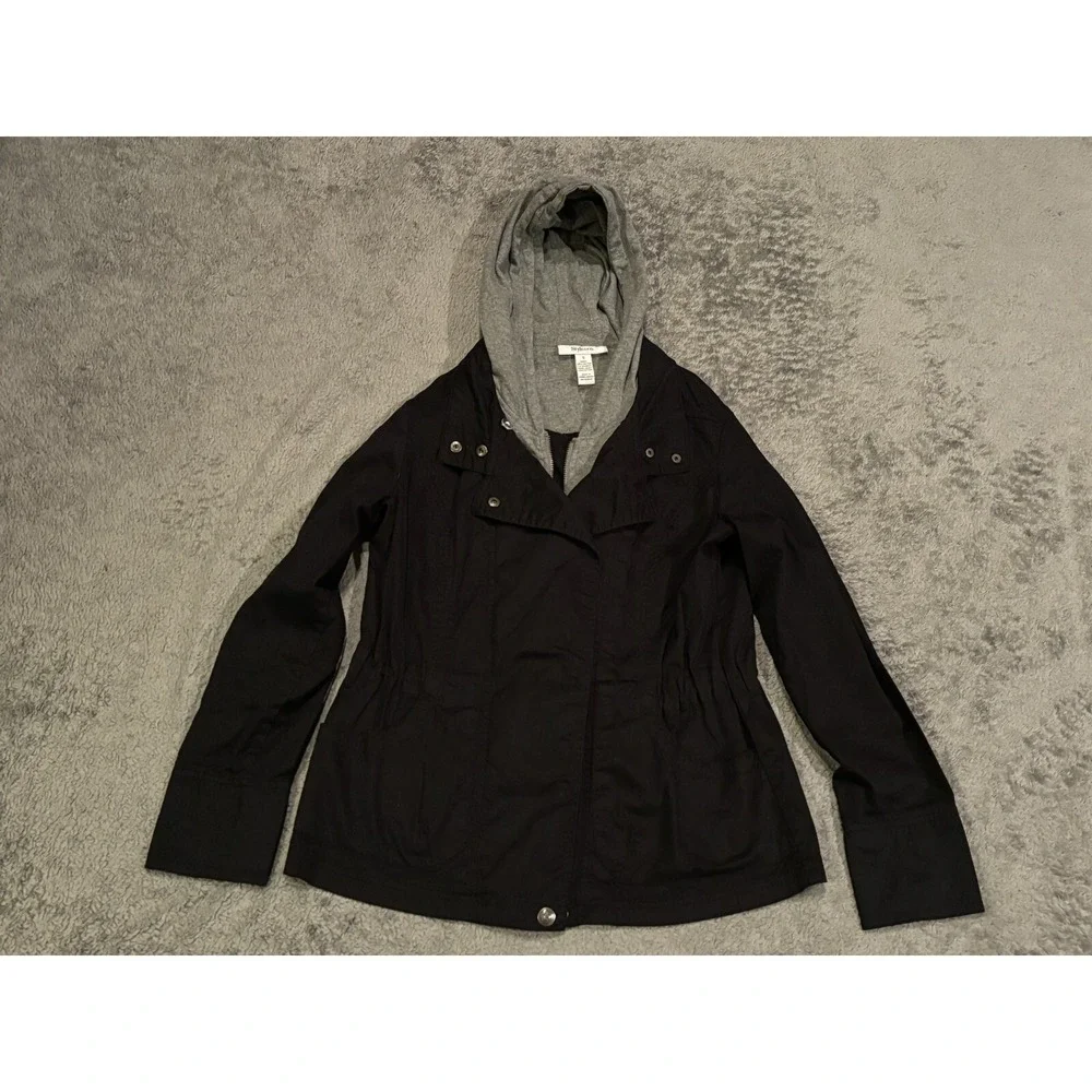 Style & Co Utility Hoodie Jacket Womens Small Black Long Sleeve Gray Hood